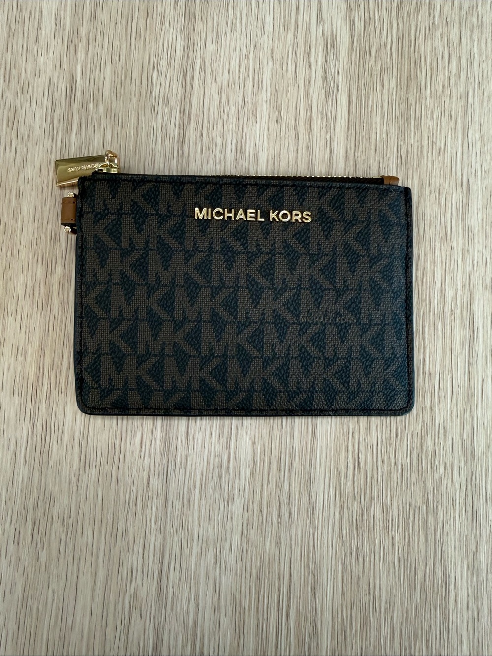 Michael Kors Brown MK Logo Zip Card Pouch with Gold Hardware